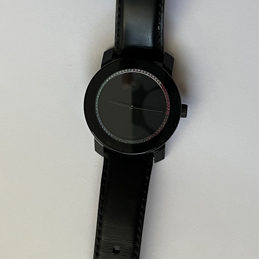 Movado Bold Watch Black Dial Stainless Steel with Black Leather Band